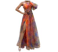Maxi abito da sera da donna, elegante in tulle, senza maniche, abito estivo boho, da spiaggia, con una spalla, abito da cocktail, abito floreale, alla moda, per il tempo libero, con spacco, Colore