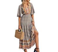 Maxi abito estivo casual da donna, stile bohémien, floreale, scollo a V, maniche corte, stile etnico, da spiaggia, prendisole lungo, Giallo, L
