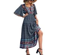 Maxi abito estivo casual da donna, stile bohémien, floreale, scollo a V, maniche corte, stile etnico, da spiaggia, prendisole lungo, blu navy, XL