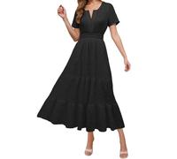 Maxi abito estivo da donna 2025, con scollo a V, dettaglio con occhielli per un'eleganza casual nel look casual, design con linea Swing-A con increspature per una comoda libertà di movimento, Nero , M