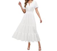 Maxi abito estivo da donna 2025, con scollo a V, dettaglio con occhielli per un'eleganza casual nel look casual, design con linea Swing-A con increspature per una comoda libertà di movimento, bianco