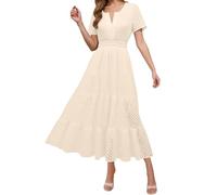 Maxi abito estivo da donna 2025, con scollo a V, dettaglio con occhielli per un'eleganza casual nel look casual, design con linea Swing-A con increspature per una comoda libertà di movimento, beige