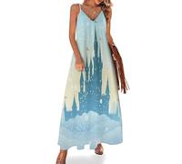 Maxi Abito Estivo da Donna Castello Invernale da Sogno Abito da Spiaggia con Scollo a V Illustrazioni di Fiabe Vestito Lungo con Spalline Sottili Regolabile per Casual Vacanza