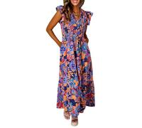 Maxi abito estivo da donna casual con stampa floreale e scollo a V con volant a maniche corte, Blu scuro, 52/54 (plus)