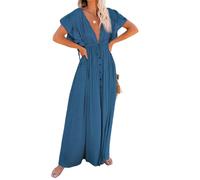 Maxi abito estivo da donna con scollo a V profondo scollo a V e bottoni, con tasche, estivo, ampio, bohémien, da spiaggia, prendisole, Blu reale, Taglia unica