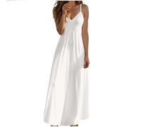 Maxi abito estivo da donna, con scollo a V, senza maniche, tinta unita, con schiena scoperta, con spalline sottili regolabili, per il tempo libero, bianco, XL