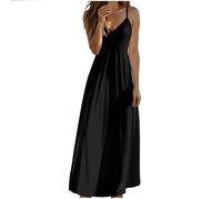 Maxi abito estivo da donna, con scollo a V, senza maniche, tinta unita, con schiena scoperta, con spalline sottili regolabili, per il tempo libero, Nero , S