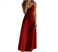 Maxi abito estivo da donna, con scollo a V, senza maniche, tinta unita, con schiena scoperta, con spalline sottili regolabili, per il tempo libero, Vino, M