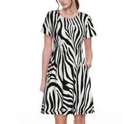 Maxi abito estivo da donna con stampa zebrata, fluido, maniche corte, con tasche laterali, nero, XL