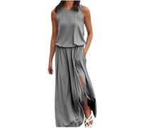 Maxi abito estivo da donna elegante - abito estivo da donna, leggero, scollo rotondo, senza maniche, maxi abito a spacco laterale lungo, tinta unita, casual, abito da ballo, abito da spiaggia, per il