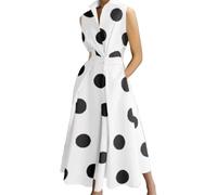 Maxi abito estivo da donna in cotone, con tasche, senza maniche, scollo a V, abito retrò per pendolari a vita alta, con risvolto plissettato, svasato, per ufficio e spiaggia, A pois neri., L