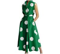 Maxi abito estivo da donna in cotone, con tasche, senza maniche, scollo a V, abito retrò per pendolari a vita alta, con risvolto plissettato, svasato, per ufficio e spiaggia, Pois Verde, XS
