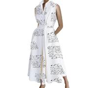 DSAoTeng - Maxi abito estivo donna - Cotone, vita alta, scollo a V, tasche, stampa lettere - XL