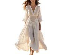 Maxi abito estivo da donna in cotone e lino, copertura a maniche lunghe con scollo a V e pizzo all'uncinetto, stile boho, elegante, chic, da spiaggia, vacanza, vestibilità larga, leggero, casual
