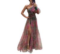 Maxi abito estivo da donna, monospalla - Elegante abito estivo in rete a strati con spacco a strati, decorazione con nodo floreale, abito da sera plissettato per cocktail, spiaggia, matrimoni, ospiti