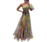 Maxi abito estivo da donna, monospalla - Elegante abito estivo in rete a strati con spacco a strati, decorazione con nodo floreale, abito da sera plissettato per cocktail, spiaggia, matrimoni, ospiti,