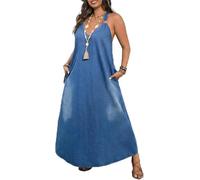 Maxi abito oversize da donna in denim retrò, scollo a V profondo senza maniche, incrocio sulla schiena, per abbigliamento casual, Blu, L