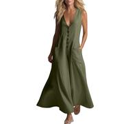 Maxi abito senza maniche da donna UK elegante bottone frontale profondo scollo a V abiti con tasche casual scollo profondo abito canotta vacanza fluida A-Line lungo prendisole abiti estivi, Verde