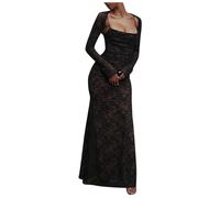 Maxi abito sexy con scollo quadrato e cinturino, pizzo trasparente, maniche lunghe, dettagli all'uncinetto e sciarpa, elegante abito da sera estivo da donna sexy, Nero , L
