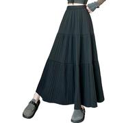 Maxi gonna da donna plissettata, per autunno e inverno, a vita alta, elasticizzata, linea ad A, per donne alla moda, alla caviglia, stile boho, 299 Nero, L