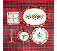 MAXI PRODUCTS - Stoviglie usa e getta Natale 6 persone tartan e agrifoglio - 53 pezzi - Piatti, bicchieri, tovaglioli e tovaglia - Decorazione tavola natalizia - Design tartan con agrifoglio
