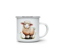 MAXIKIWI - Tazza da campeggio smaltata resistente per caffè o tè per uso interno ed esterno - Acquerello con pecore carine - 350 ml