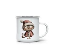 MAXIKIWI - Tazza da campeggio smaltata resistente per caffè o tè per uso interno ed esterno - Gufi natalizi ad acquerello - 350 ml