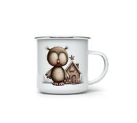 MAXIKIWI - Tazza da campeggio smaltata resistente per caffè o tè per uso interno ed esterno - Gufi natalizi ad acquerello - 350 ml