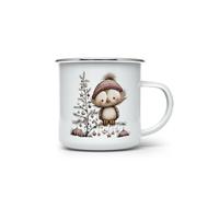 MAXIKIWI - Tazza da campeggio smaltata resistente per caffè o tè per uso interno ed esterno - Gufi natalizi ad acquerello - 350 ml
