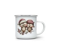 MAXIKIWI - Tazza da campeggio smaltata resistente per caffè o tè per uso interno ed esterno - Gufi natalizi ad acquerello - 350 ml