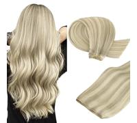 MAXITA Extension di capelli veri da cucire, 35,5 cm, 80 g | Extension per capelli biondo cenere con evidenziazione biondo platino, doppia trama invisibile, capelli spessi a testa intera