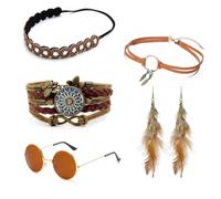 MAXMURYS vestiti anni 60 6 pezzi set accessori hippie marrone unisex con occhiali collana bracciale cerchietto orecchini per feste a tema vintage anni 70 e carnevale