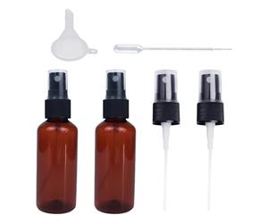 MAXQUU 2 flaconi vuoti da 60 ml in plastica ambrata con 2 punte spray, 1 imbuto, contagocce in plastica, set di flaconi spray per olio essenziale, profumo, spray per capelli