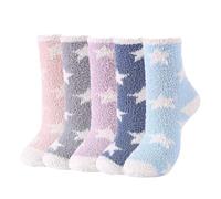 MAXQUU 5 paia di calzini in peluche a cinque punte, soffici calzini invernali, calzini spessi da donna, morbidi, Azzurro Blu Viola chiaro Grigio Rosa, 36