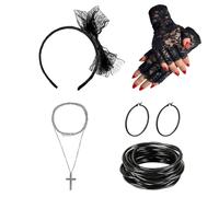 MAXQUU Set da 16 pezzi in pizzo, guanti, orecchini, collana, fascia, braccialetti, stile 80, abbigliamento da ballo, accessorio per costume da 80, Nero, 25