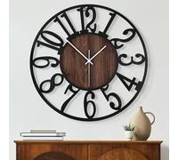 Maxstar Orologio da parete rotondo per la decorazione del soggiorno,alimentato a batteria,senza ticchettio,orologi in legno,metallo nero,per la casa,soggiorno,giardino,ufficio,cucina,decorazione