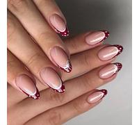 Maxtonser 24Pcs Wine Red French Tip Artificial Nails with White Dots Bows Design Almond Shaped Fake Nails, for Women