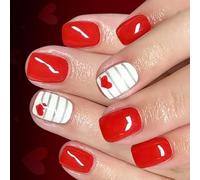 Maxtonser 24Pieces Glossy Square Presses On Nails with Red Hearts And Silver Stripe Sweet Short False Nails, for Valentines Day Par