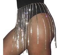 Maxtonser Cintura con frange e gonna, cintura con cristalli, per danza del ventre, catena per il corpo, argento