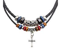 Maxtonser Collana in pelle tribale per donne e uomini, stile vintage bohémien, etnico, perline di legno, collana girocollo per gioielli con ciondolo