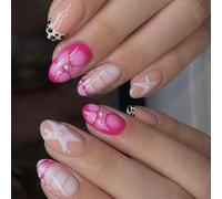 Maxtonser Pack of 24 Glossy Oval False Nails with Leopards Print French Ombres Design And Pearls Star Flower Accents, for Party