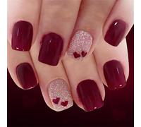Maxtonser Pack of 24 Valentines False Nails Romance Wine Red Glitters Heart Short Square Artificial Nails with Glossy Finish