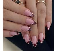 Maxtonser Wine Red French Tip with White Dots Artificial Nails ABS Build, for Women Girl Party Decoration