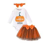 maxToonrain Baby Girl My First Halloween Outfit pagliaccetto a maniche lunghe + fascia per la fronte + pantaloni set 3 pezzi 0-18 mesi (toppa zucca, 0-3 mesi)