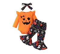 maxToonrain Baby Girl My First Halloween Outfit pagliaccetto a maniche lunghe + fascia per la fronte + pantaloni set 3 pezzi 0-18 mesi (zucca e fantasma, 9-12 mesi)