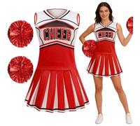 maxToonrain Costume da cheerleader da donna, per Halloween, con anello da tiro, pompon, top e gonna, 2 pezzi, uniforme da cheerleader, colore rosso classico, taglia L