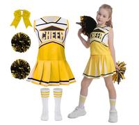 maxToonrain Costume da cheerleader per ragazze, 5 pezzi, in stile classico, con anello da tirare, pompon, top, gonna, calze e fascia per capelli, per eventi scolastici di Halloween per la Giornata