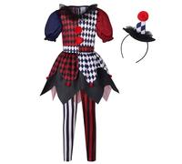 maxToonrain Costume da clown per bambini, per Halloween, spaventoso e raccapricciante, costume per ragazze dai 3 ai 12 anni, include vestito, pantaloni, fascia da clown (rosso e blu, XL)