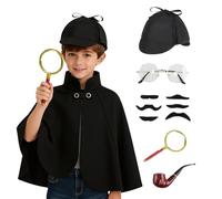 maxToonrain Costume da detective per bambini, costume di Halloween divertente, mantello vittoriano, mantello, cappello da cervo cervo + lente d'ingrandimento + barba finta, per ragazzi e ragazze (nero