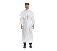 maxToonrain Costume da sacerdote, da uomo, classico, cattolico, nero, con scialle e croce dorata, costume da vicario per Halloween da uomo (bianco, M)